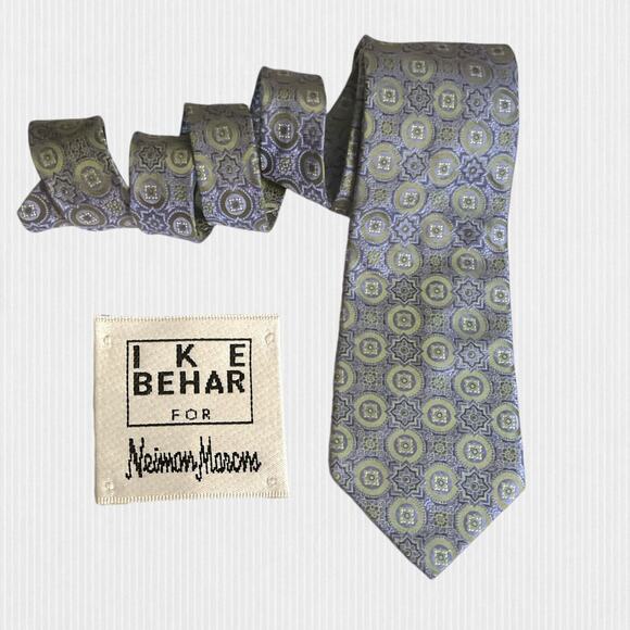 IKE BEHAR for Neiman Marcus Periwinkle Blue Green Textured Repp Silk Tie - Picture 1 of 12
